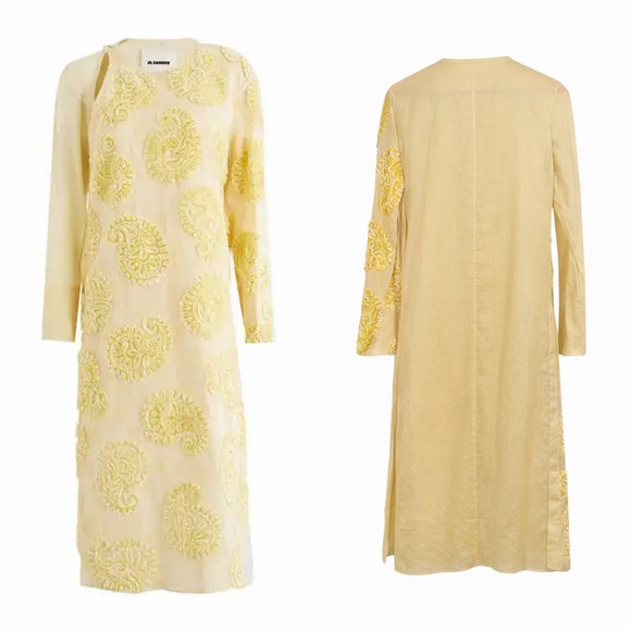 Jil Sander Yellow Embroidered Paisley Kaftan Midi Dress Cotton Sheer IT36 US 2 - Picture 2 of 15
